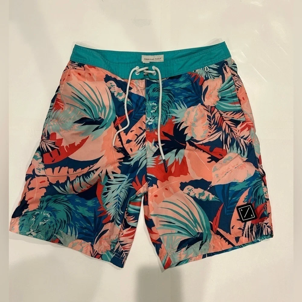 American Eagle Swim Trunks Men’s Medium Tropical Lion Blue Pink Beach